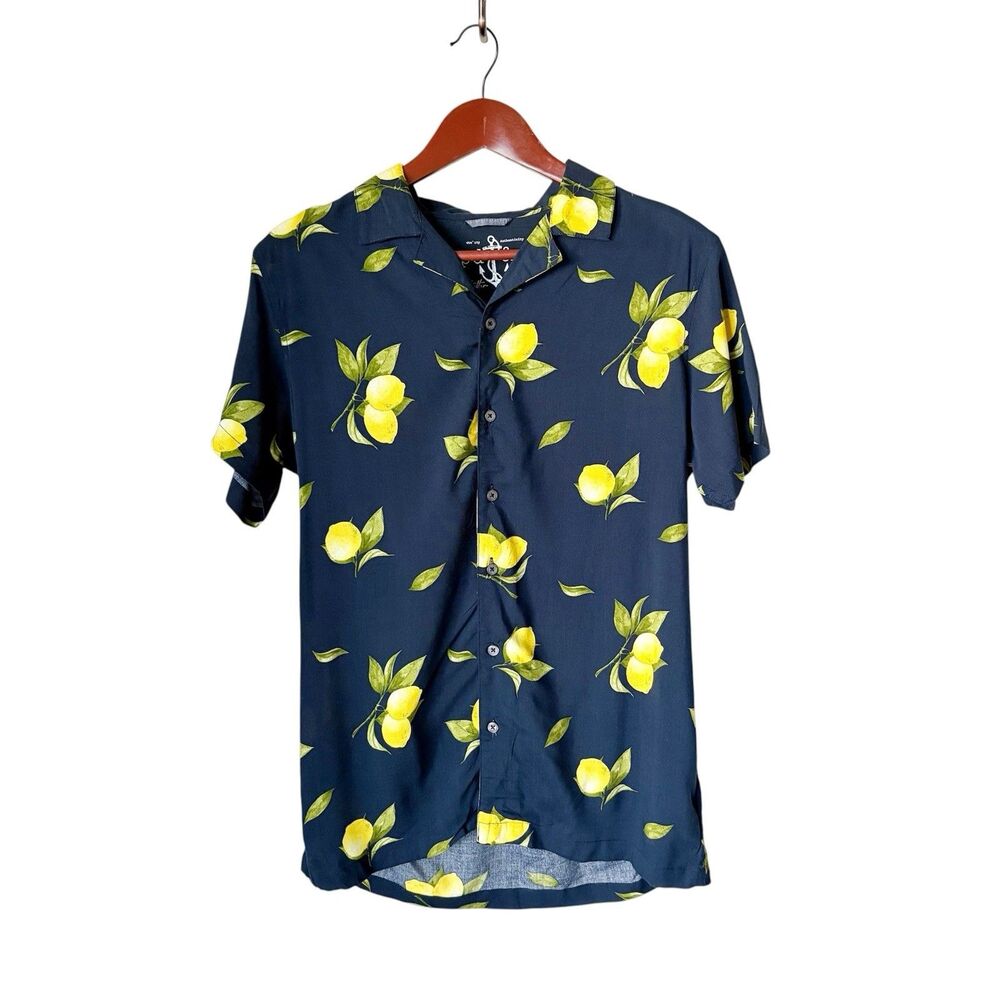 PD&C Lemon Button Front Shirt S Navy Short Sleeve Tropical Print Casual T-Shirt